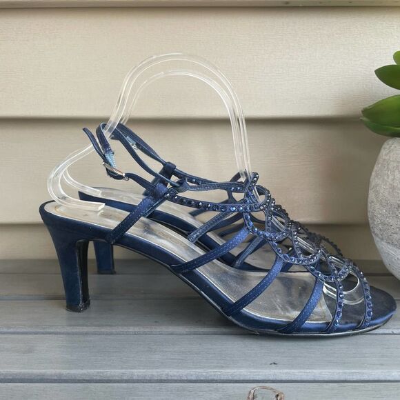 Vintage Caparros Navy Studded Formal Heel Women's 8 Strappy Prom Wedding Pump - Picture 6 of 9